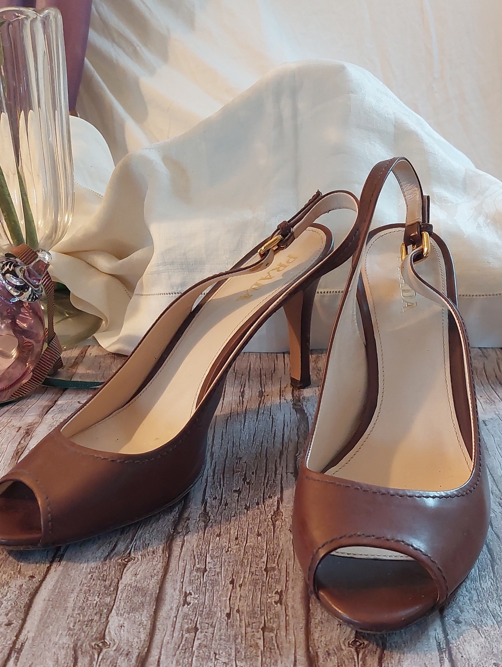 Prada Brown Leather Peep-Toe Slingback Heels - Women